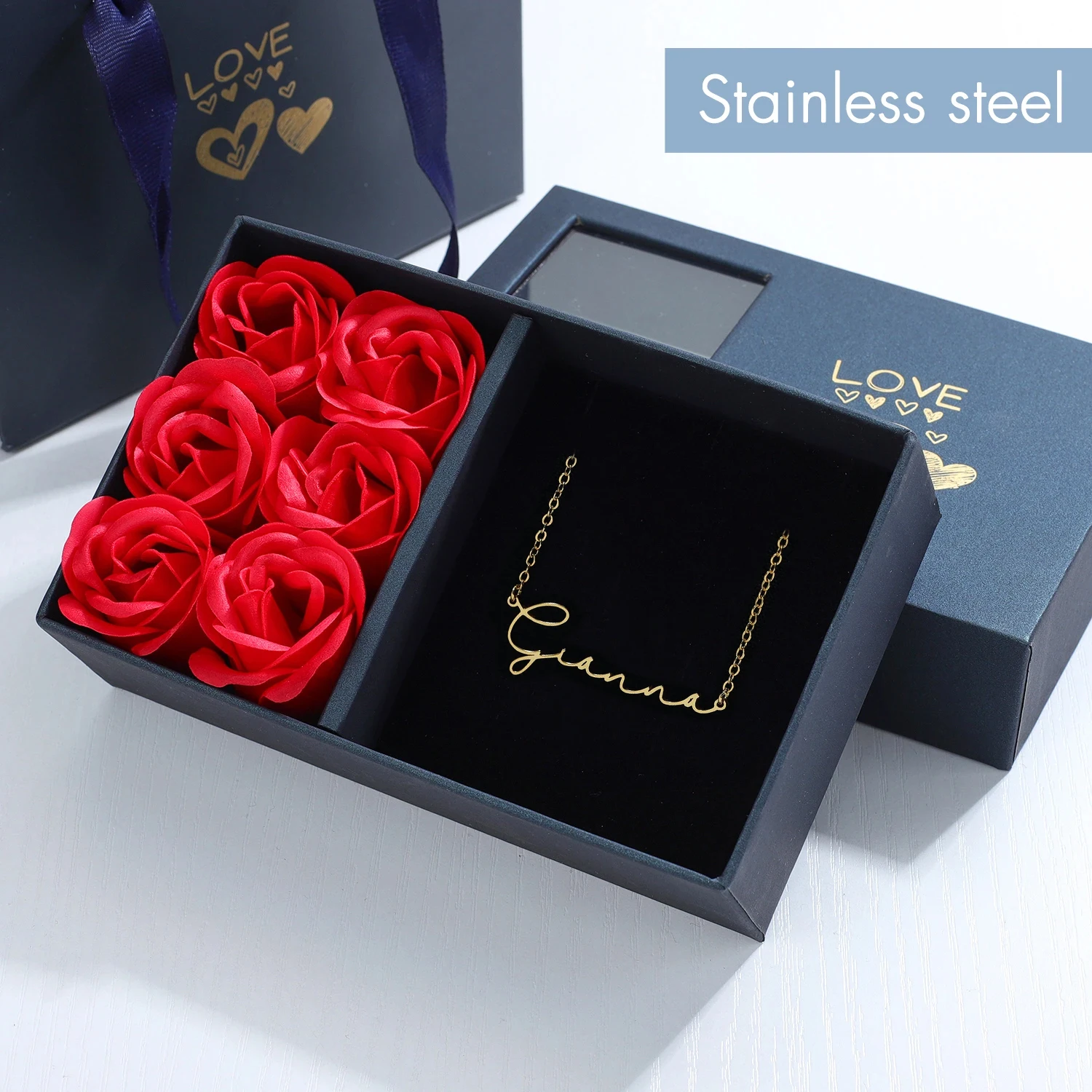

Custom Name Necklace 18K Gold-Plated Girlfriend Mom Romantic Gift for Her Birthday Anniversary Mother's Day Gift with Roses Box