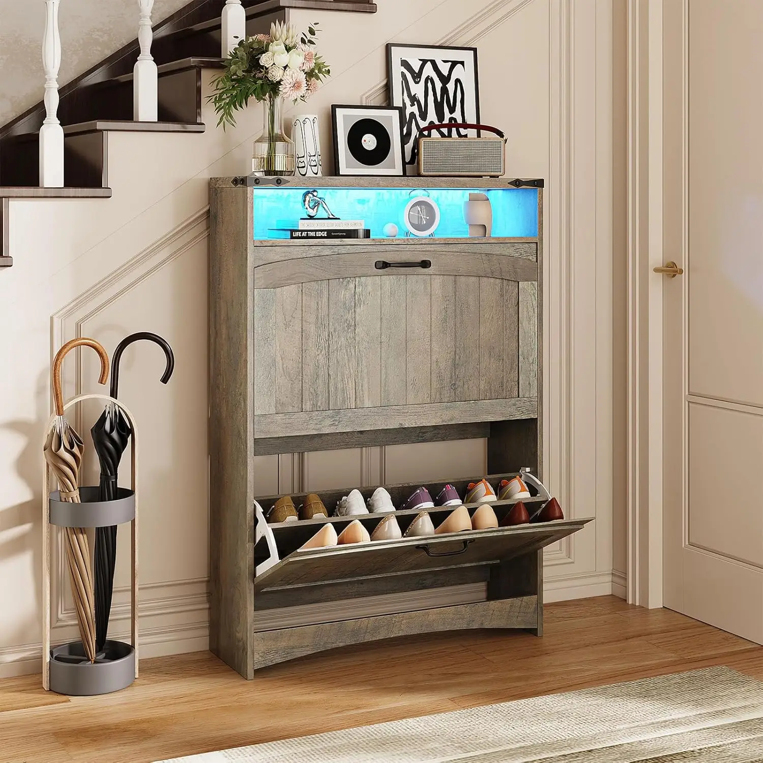 Rustic Gray Shoe Storage Cabinet, Slim Hidden Shoe Rack Organizer Cabinet, with 2 Flip Drawers & Open Storage & RGB Ligh Rustic Gray Shoe Storage Cabinet, Slim Hidden Shoe Rack Organizer Cabinet, with 2 Flip Drawers & Open Storage & RGB Ligh