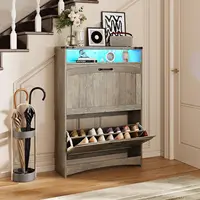 Rustic Gray Shoe Storage Cabinet, Slim Hidden Shoe Rack Organizer Cabinet, with 2 Flip Drawers & Open Storage & RGB Ligh