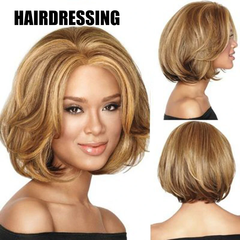 

Natural Light Brown Mix Gold Wavy Wig Fashion Blonde Heat Resistant Middle Parting Synthetic Bobo Short Wigs for Women