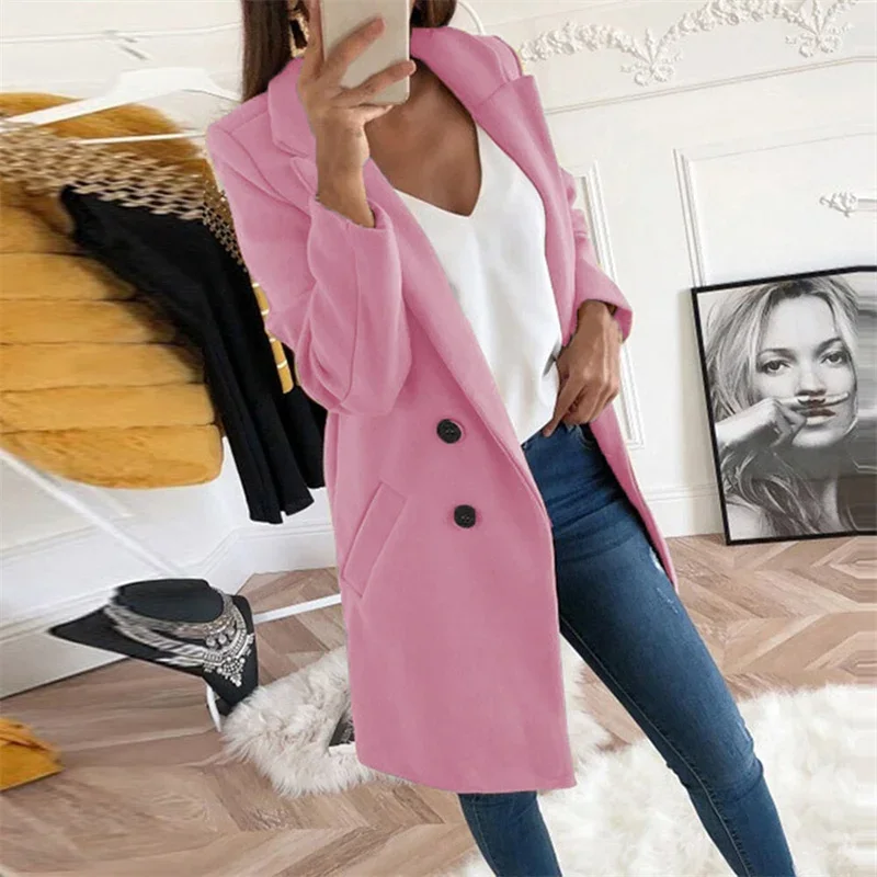 Women Vintage Slim Fit Tweed Coat Elegant Double-breasted Double Pocket Blazer Collar Trench Peacoat New Female Office Outerwear