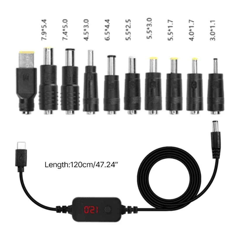 PD toDC Adapter Cable 5V 9V 12V 15V 20V Adjustable TypeC Male to DC5521 Male Power Cord with 10 Conversion Heads charging cable