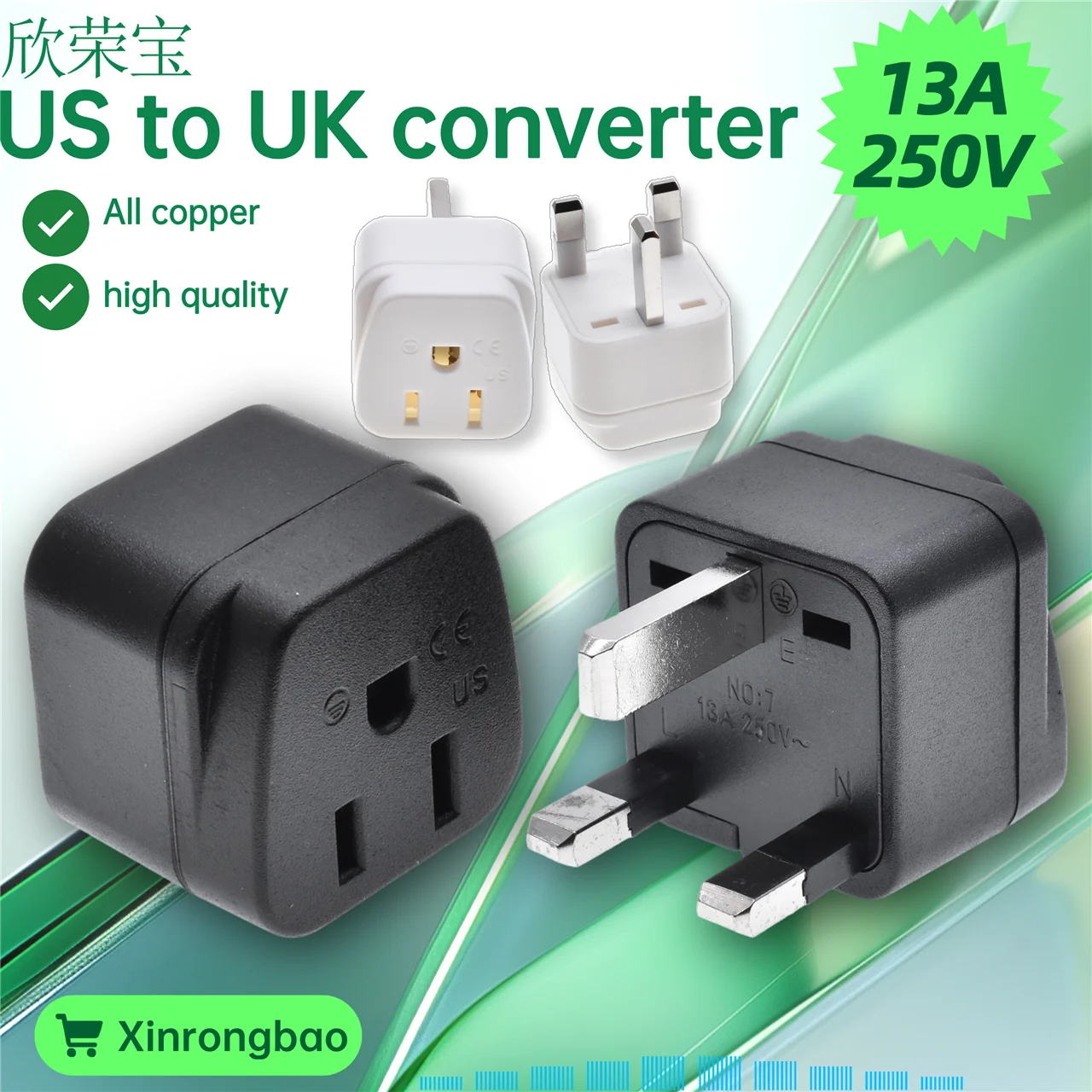 Universal US to UK Plug Adapter - Type A/B to Type G Travel Converter, 13A 250V