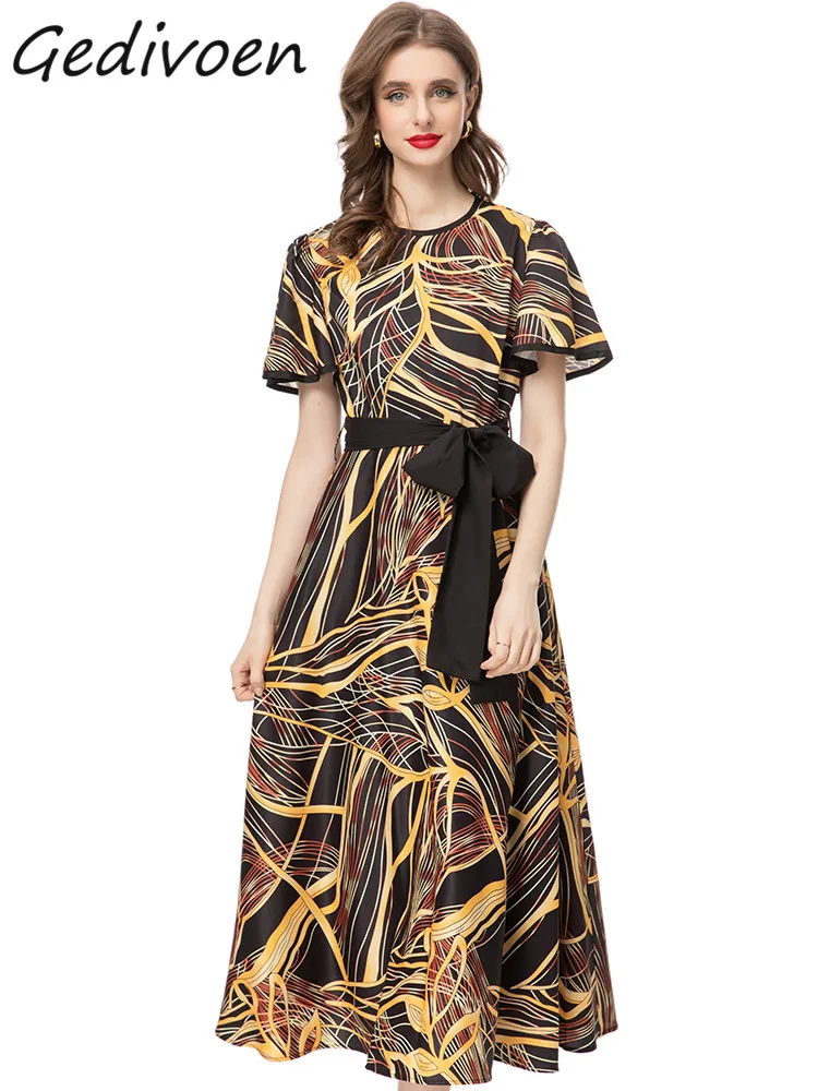 

Gedivoen Autumn Fashion Designer Vintage Print Party Dress Women's O Neck Short Sleeve Frenulum Gathered Waist Slim Long Dress