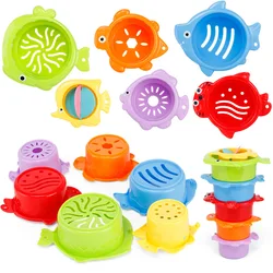 Ensemble de gobelets empilables en plastique pour bébé, jouet de bain classique, jouets éducatifs de natation pour enfants, poisson Animal pour salle de bain, 6 pièces 