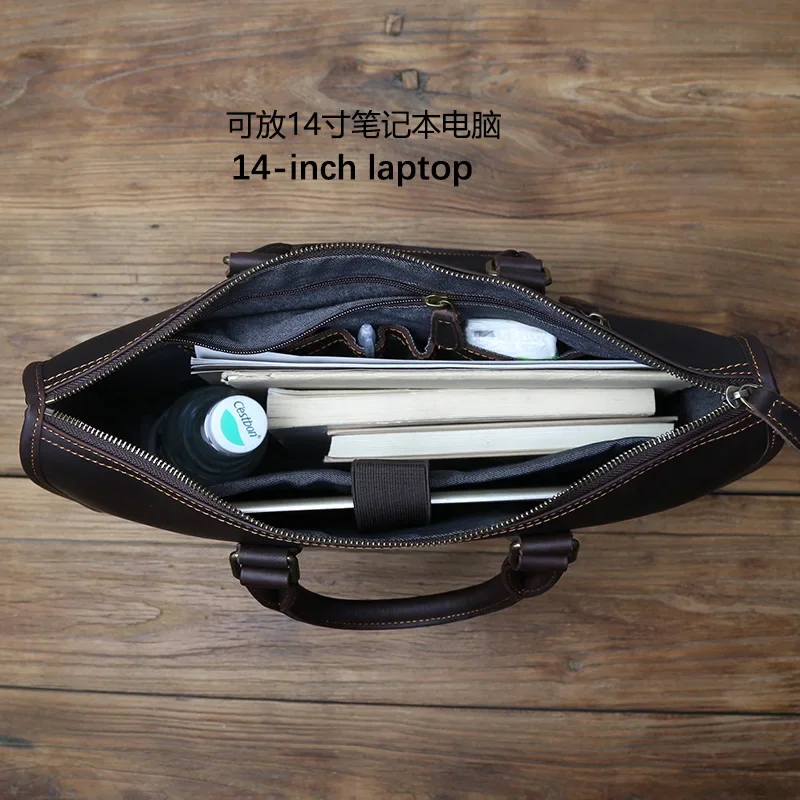 NZPJ Vintage Genuine Leather Men Briefcase Natural Top Layer Cowhide Handbag Leisure Business Laptop Bag Shoulder Messenger Bag