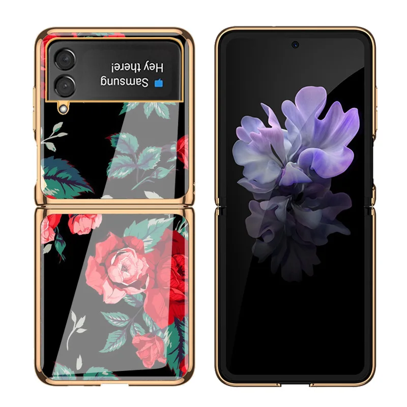 Z Flip4 Funda Case for Samsung Galaxy Z Flip 4 Z Flip 3 2  Rose Lotus Fish Pattern Plating Tempered Glass Coque Phone Case Cover