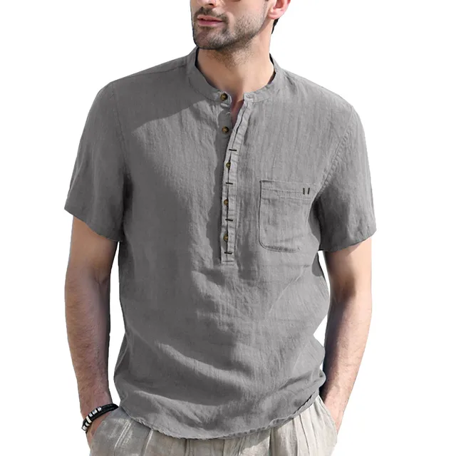 Shirt Casual Cotton Linen Stand Collar 