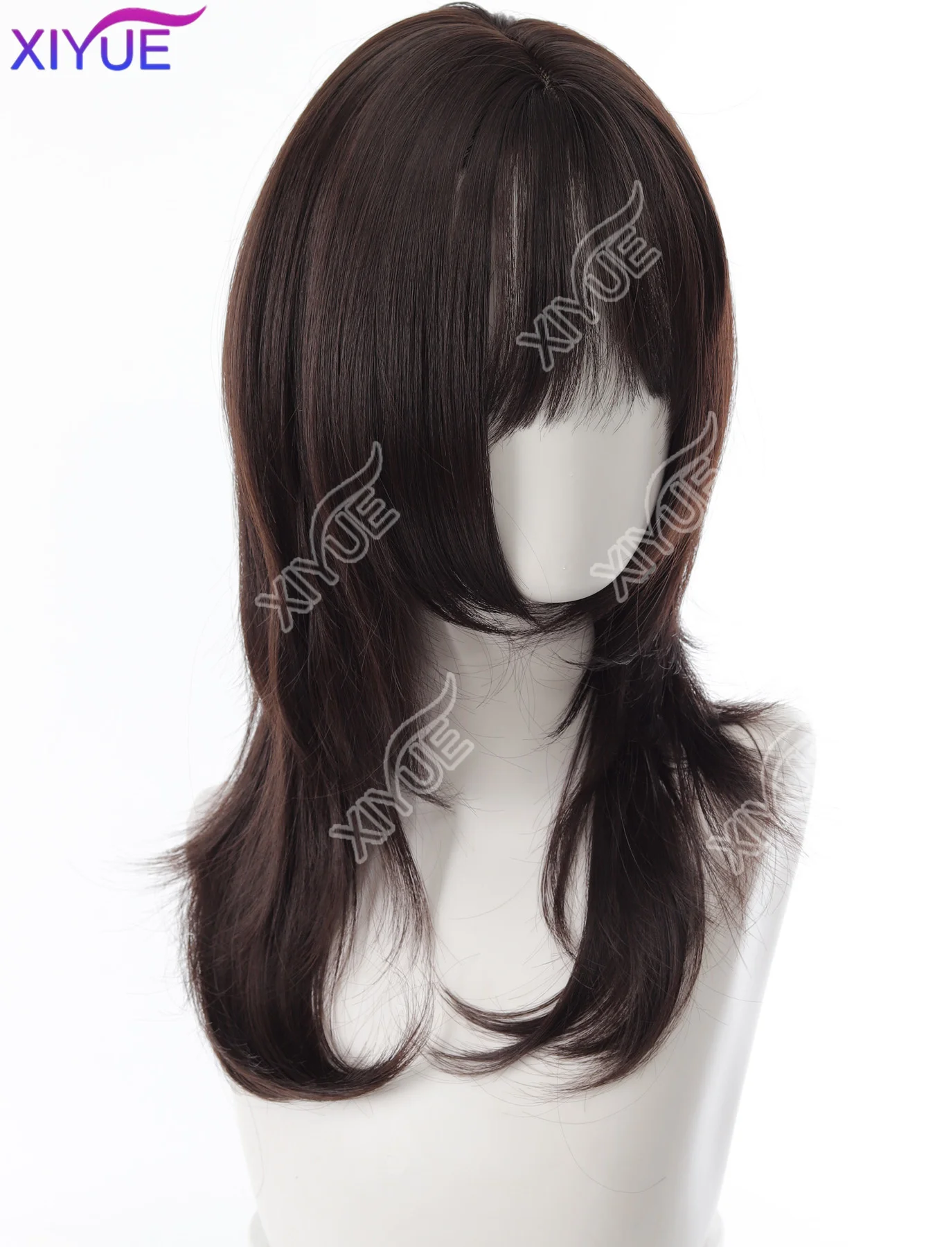 XIYUE Synthetic Brown Black Medium Straight Jellyfish Wig with Bangs Natural Layered Wig Suitable for Women Daily Party ﻿