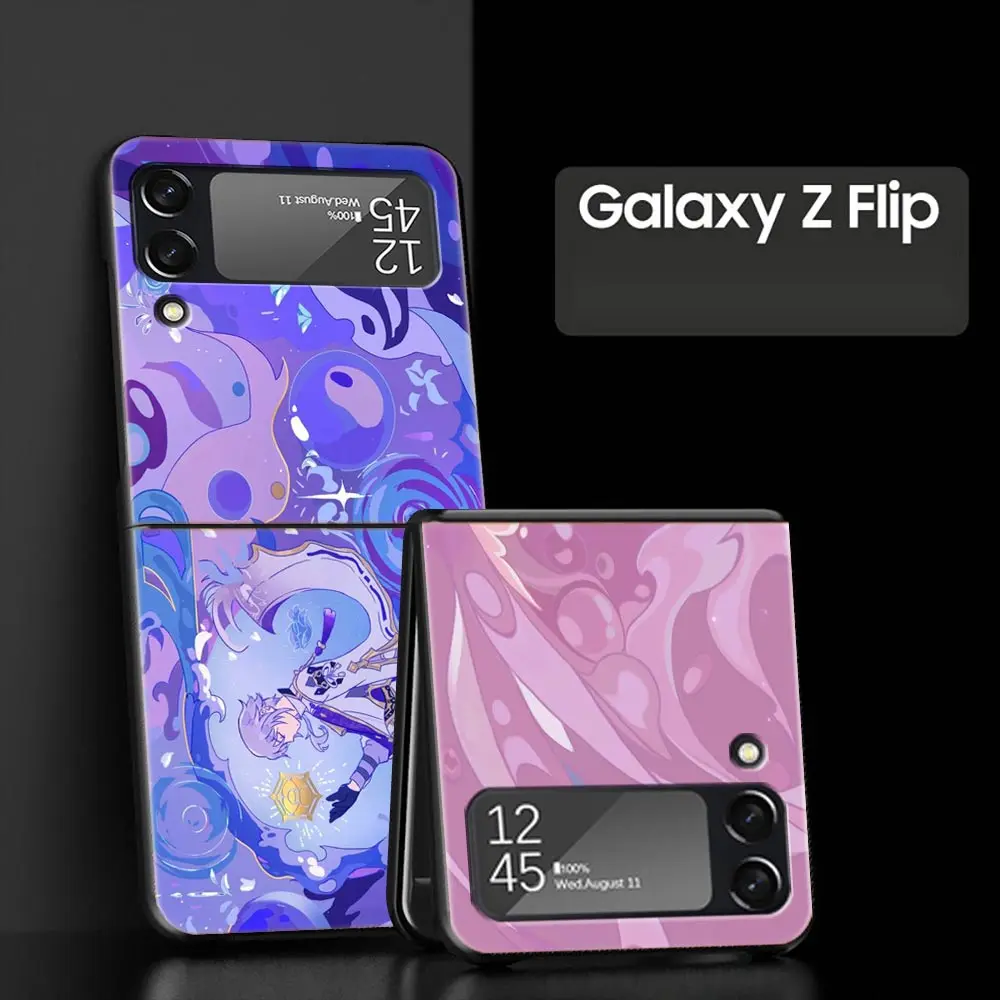 For Samsung Galaxy Z Flip 3 4 5 Hard Black Folding PC Phone Case Genshin Impact Cartoon Logo For Samsung Z Flip3 Back Cover