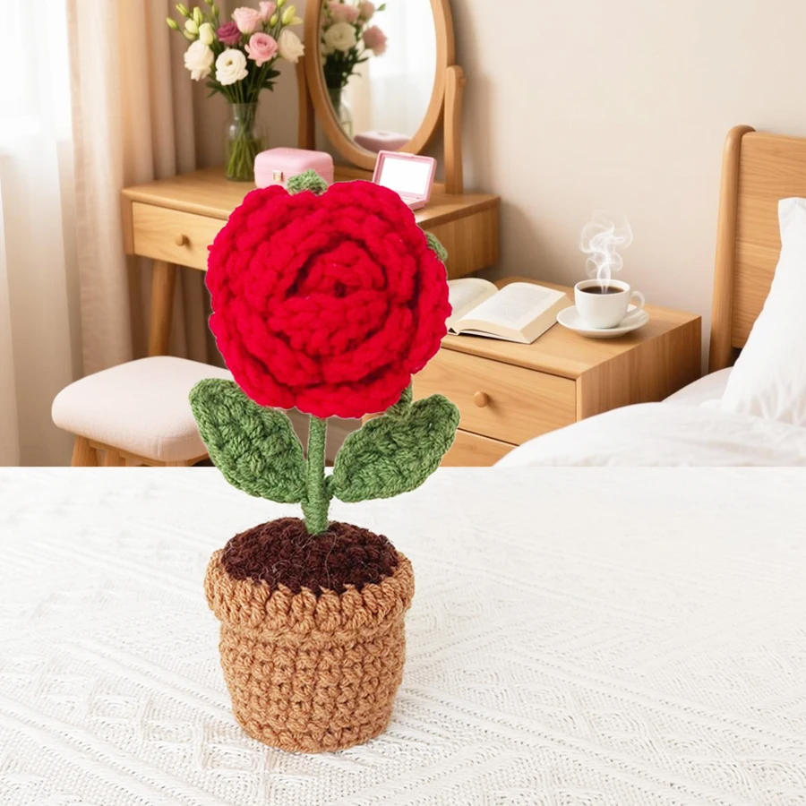 Warm and Romantic Small Ornaments, Hand-Crocheted Red Heart Roses, Small Potted Plants, Window Sills, Desktops, Bedrooms, Living Rooms, Study Rooms, Decorations, Birthday, Wedding, Proposal Decorations, Birthday, Valentine's Day Gifts