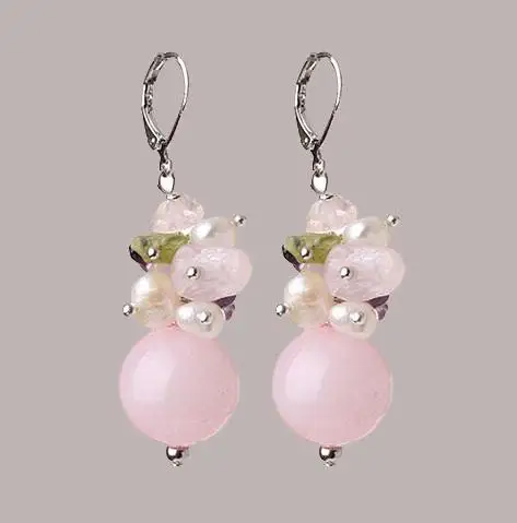 Multicolor Gemstone Dangle Earrings Rose Quartz Olivine Pearl Amethyst With Levelback Hook Handmade Fashion Jewelry Lady Gift