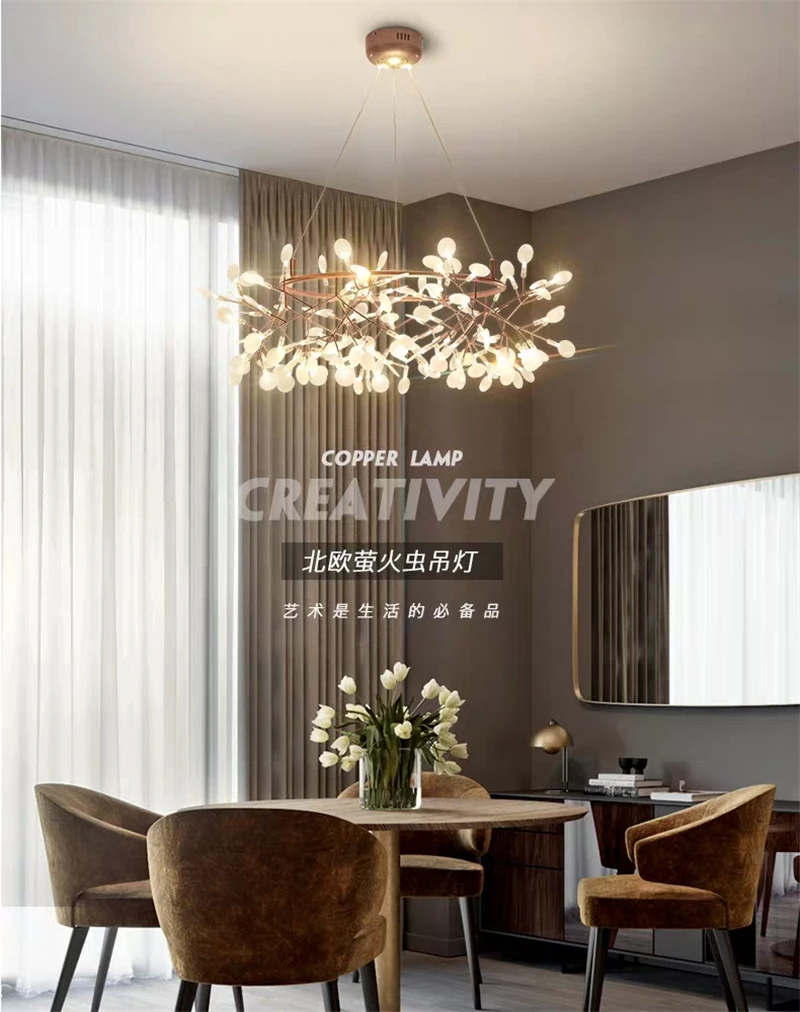 Living Room Chandelier Art Hanging Nordic Modern Kitchen Dining Room Firefly Lamp Rose Gold/Black/Champagne Gold Round Indoor