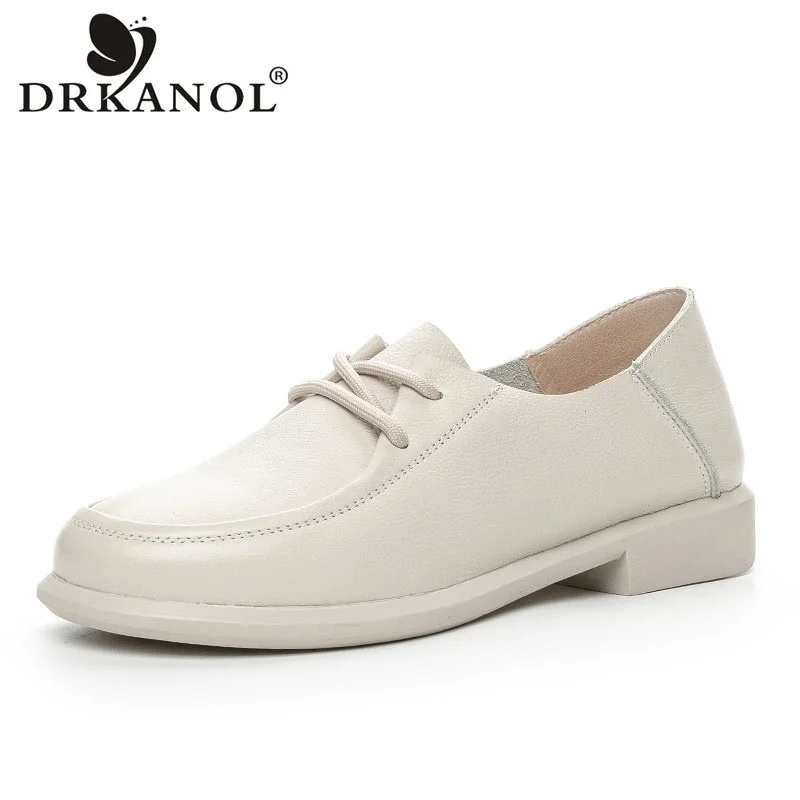 

DRKANOL 2024 Fashion Women Flat Shoes Spring Lace-Up Genuine Cow Leather Round Toe Low Heel Versatile Casual Shoes Footwear