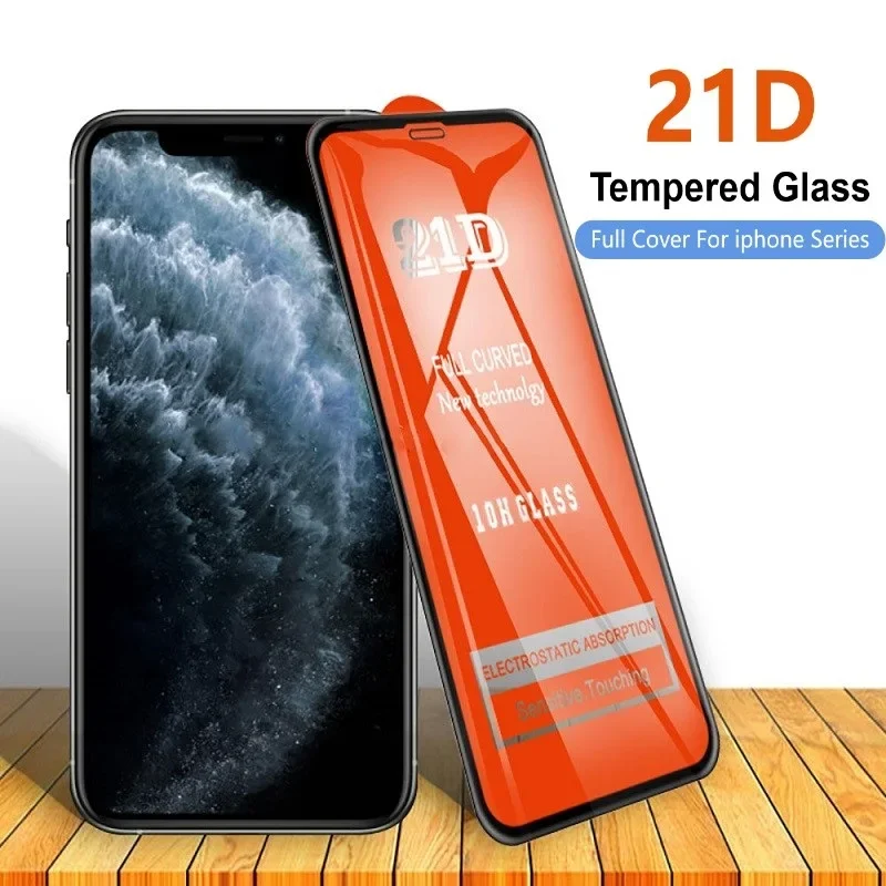 50pcs 21D Tempered Glass Full Cover Curved Screen Protector For iPhone 15 11 12 13 14 Pro Max 7 8 Plus X XR Xs Max