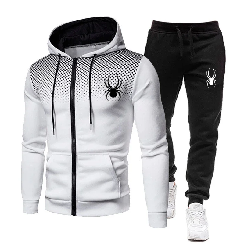 Spring and autumn winter spider print zipper cardigan long sleeve hoodie + stretch waist trousers men's 2-piece outfit