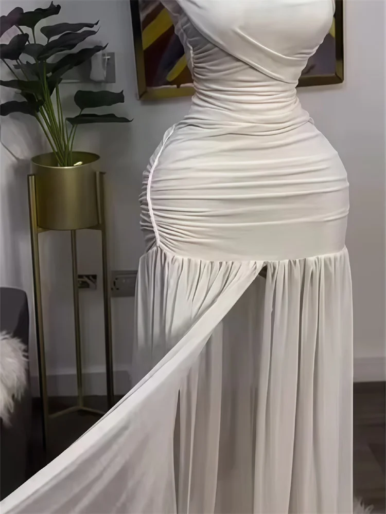 Wmstar Long Dresses for Women 2025 New Solid Color Sleeveless Skew Neck Pleated Slim Slit Maxi Dress Wholesale Dropshipping