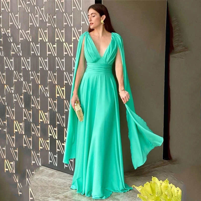 

2023 Silk Chiffon فستان سهرة Floor Lenght A-line Evening Dresses Gorgeous Prom Dress With Shawl Sexy V-neck Party Dress