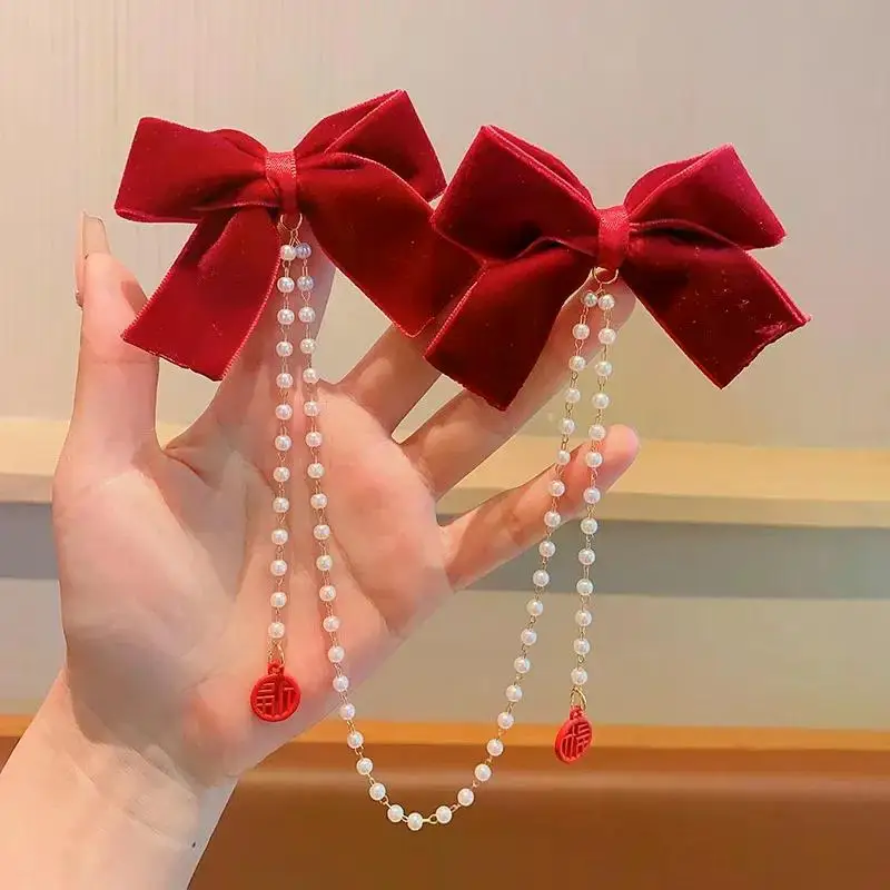 Neue Elegante Perlen-Schleife Quasten-Haarspangen Einfarbige Samt-Haarklauen Kinder-Prinzessinnen-Haarnadeln Haaraccessoires – Detail 8