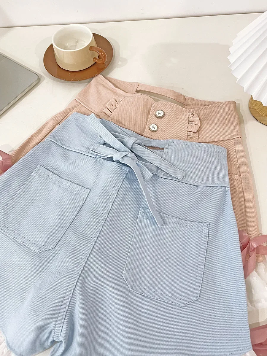2023 New Summer Girl Sweet Bow Stitching Wmen's Casual Shorts Contrast Color A- Line High Waist Shorts Slimming Denim Shorts