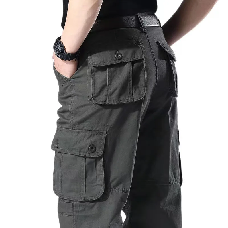 Large Pocket Loose Overalls Men's Outdoor Sports Jogging Military Tactical Pants Elastic Waist Pure Cotton Casual Work Pants