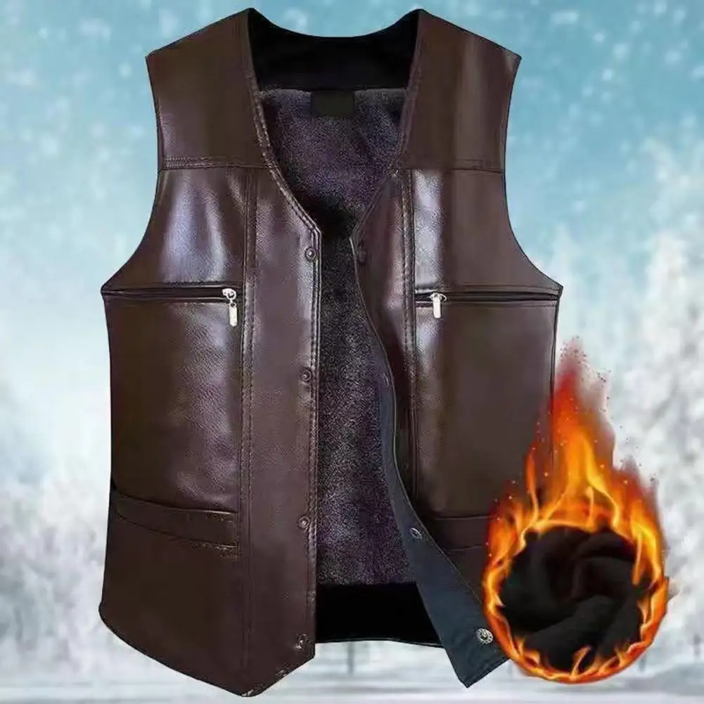 

Men Faux Leather Vest Mid-aged Men's Faux Leather Winter Vest with Plush Lining Multiple Pockets for Warmth Style Men Winter