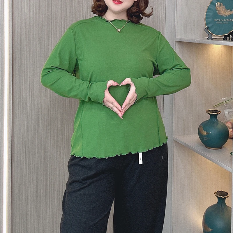 Women's Loose Ruffle Collar T-shirt, Long Sleeve, Basic Tops, Plus Size, Solid Color, New, Autumn