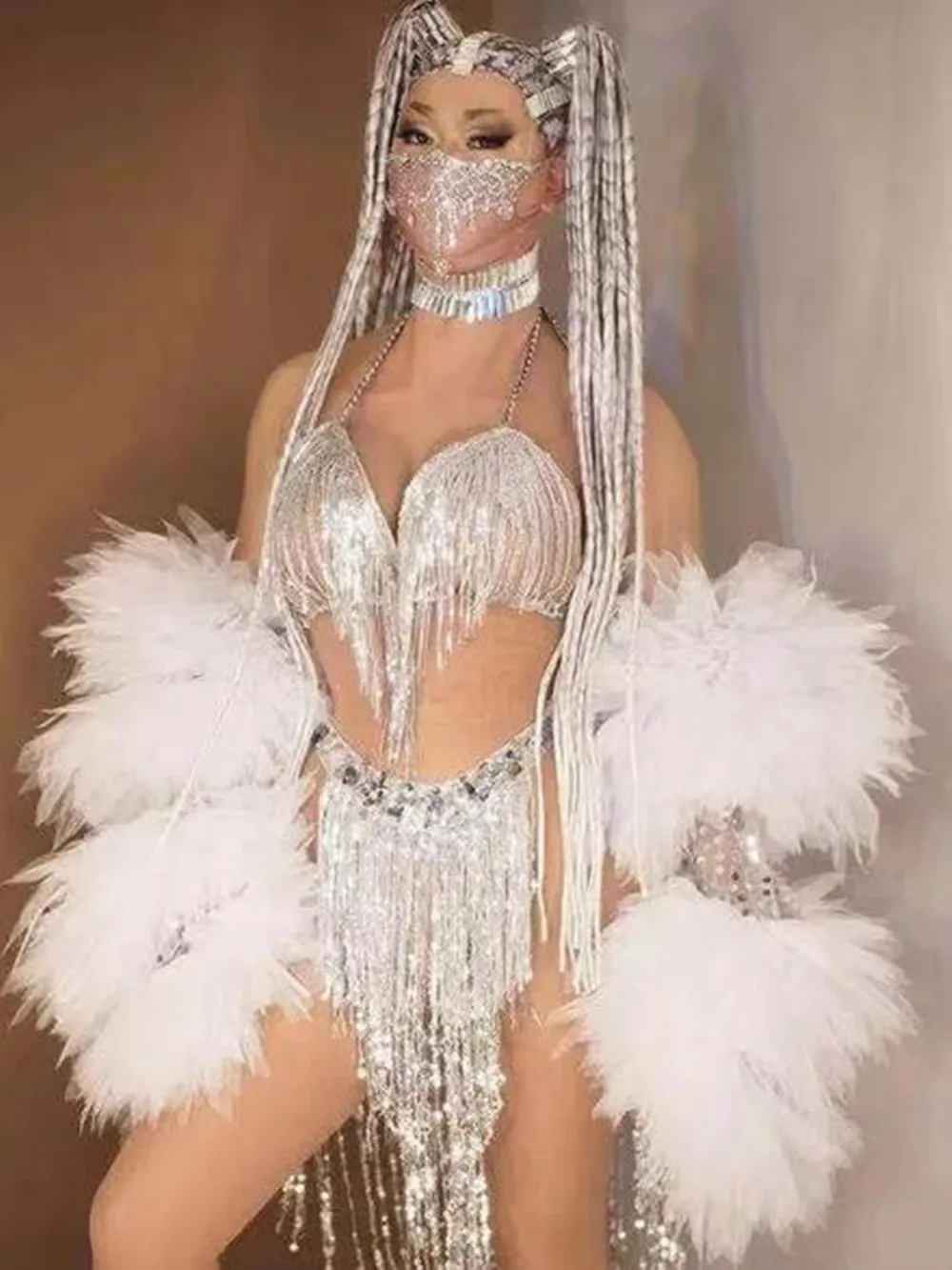 Shining Singer Costume Silver Sequin Fringed Bikini Luxury Fluffy Robe Birthday Outfits For Women Evening Party Stage Clothes