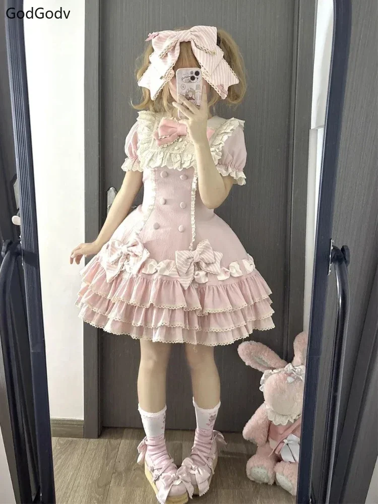 Bye Bye　重ね着風　BIGリボン　姫ロリ　y2k coquette 00s Japanese Sweet Lolita Kawaii Elegant Dress Women Princess