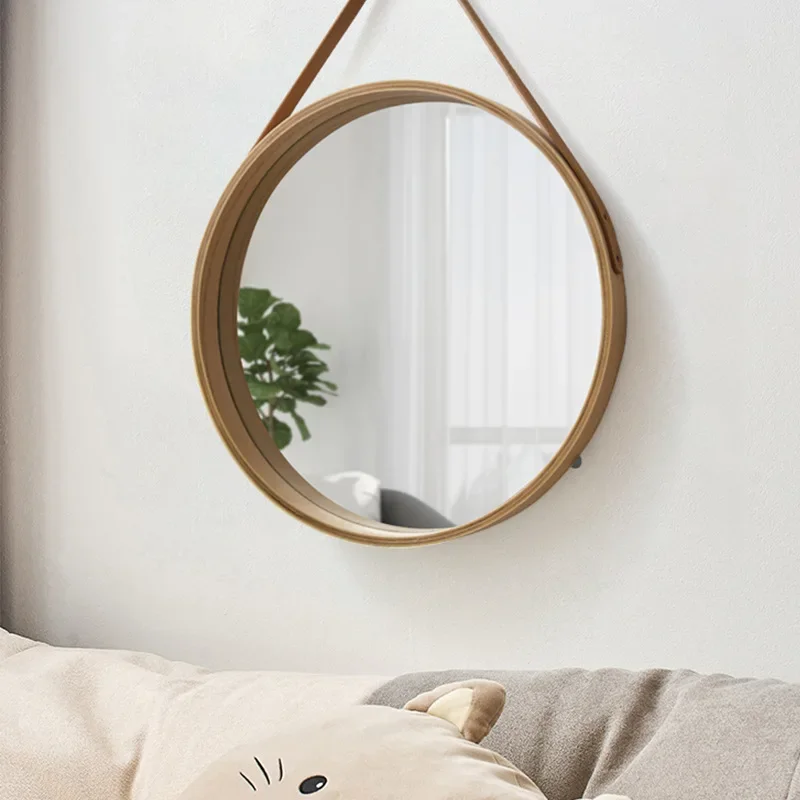 Perforation-free Vanity Mirror Wall-mounted Round Thickened Wooden Border Dressing Mirrors Bathroom Mirror Makeup Mirror 4
