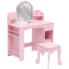Kids Vanity Table and Chair Set Girls Dressing Table with Storage Shelves & Drawer Wooden Makeup Desk for Playroom Bedroom