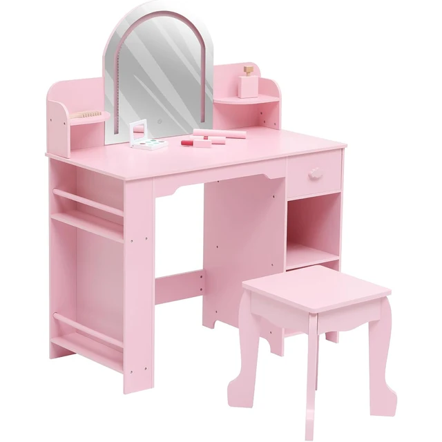Kids Vanity Table and Chair Set Girls Dressing Table with Storage Shelves & Drawer Wooden Makeup Desk for Playroom Bedroom