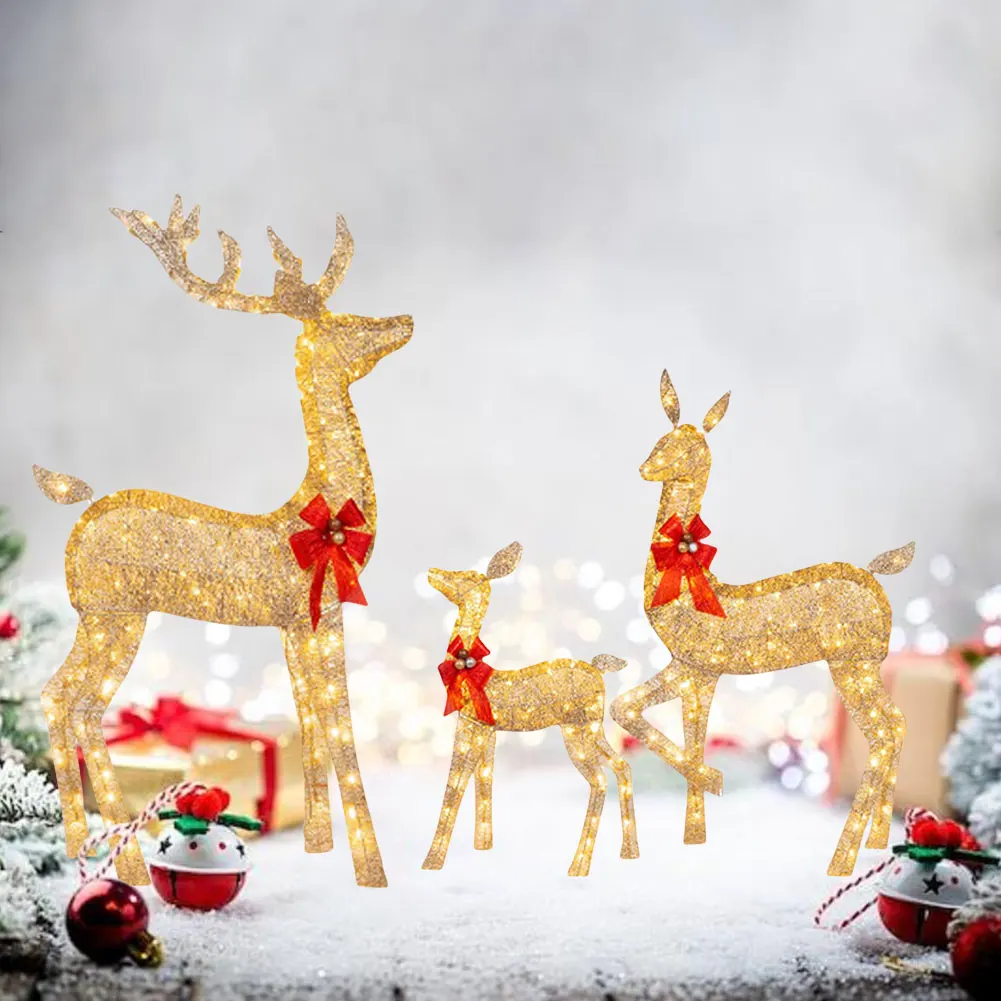 3 Pcs Christmas Deer Family Decor with Light Lighted Reindeer Xmas Decoration  Cute Xmas Deer Decoration for Holiday