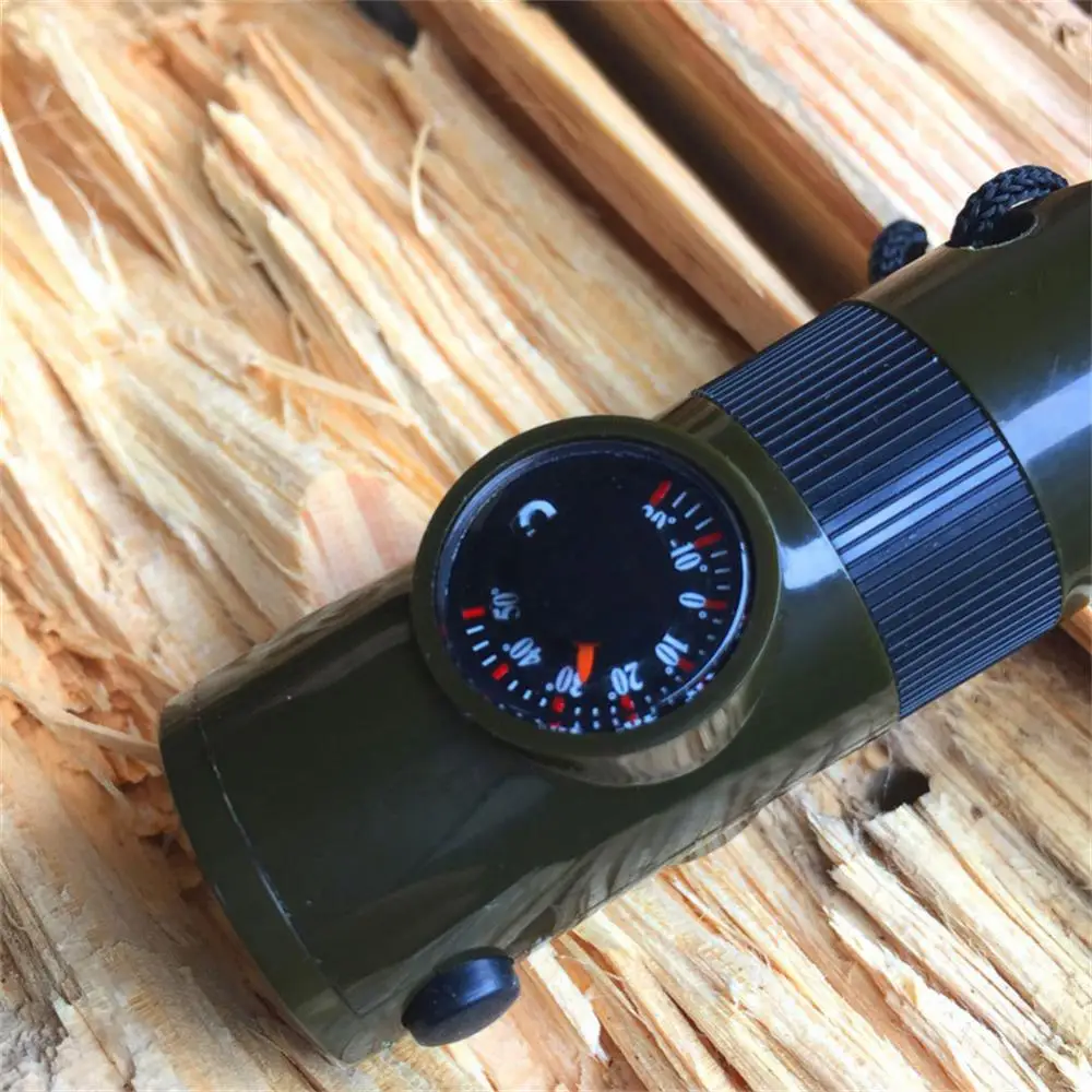 Outdoor Multi-function Survival Whistle 7 In 1 ABS High-strength Compass Thermometer Signal Mirror Magnifying Glass Flashlight