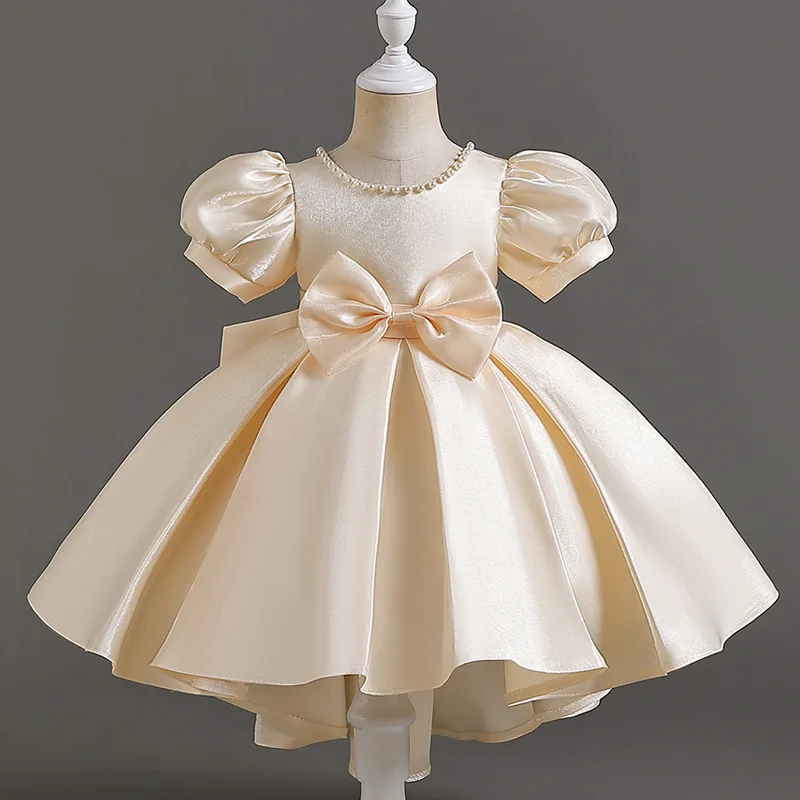 

Girls' high-end pearl bubble sleeved princess dress 2-10 year old children's satin V-neck bow fluffy dress fashion banquet host