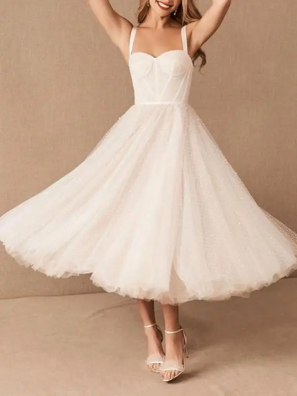 

Modern Spaghetti Strap Draped Prom Dress Elegant Organza Ball Grown Evening Dress Tea-Length Party Dress