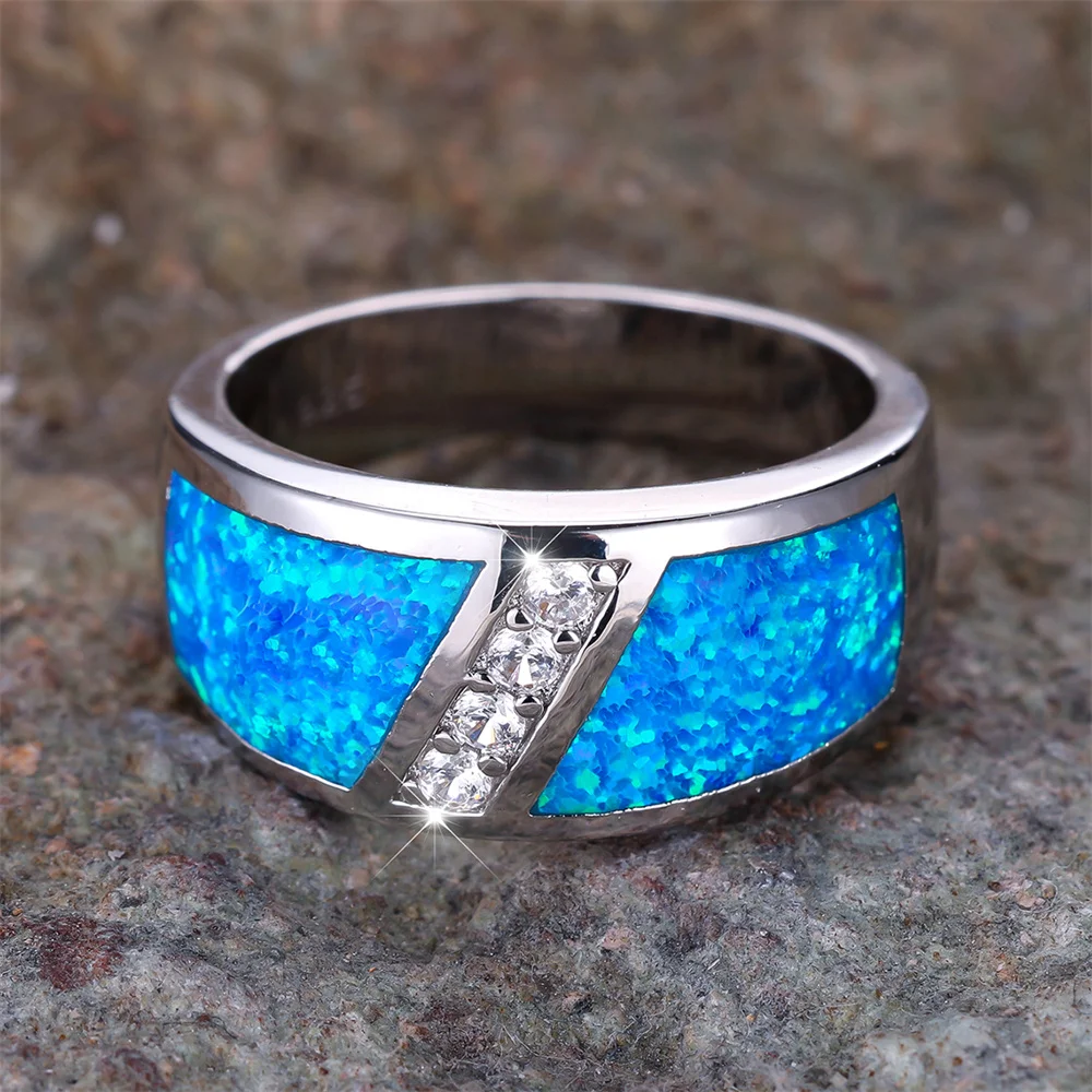 Luxury Crystal Small Stone Blue Opal Rings For Women Vintage Fashion Silver Color Wedding Band Engagement Jewelry Birthday Gifts