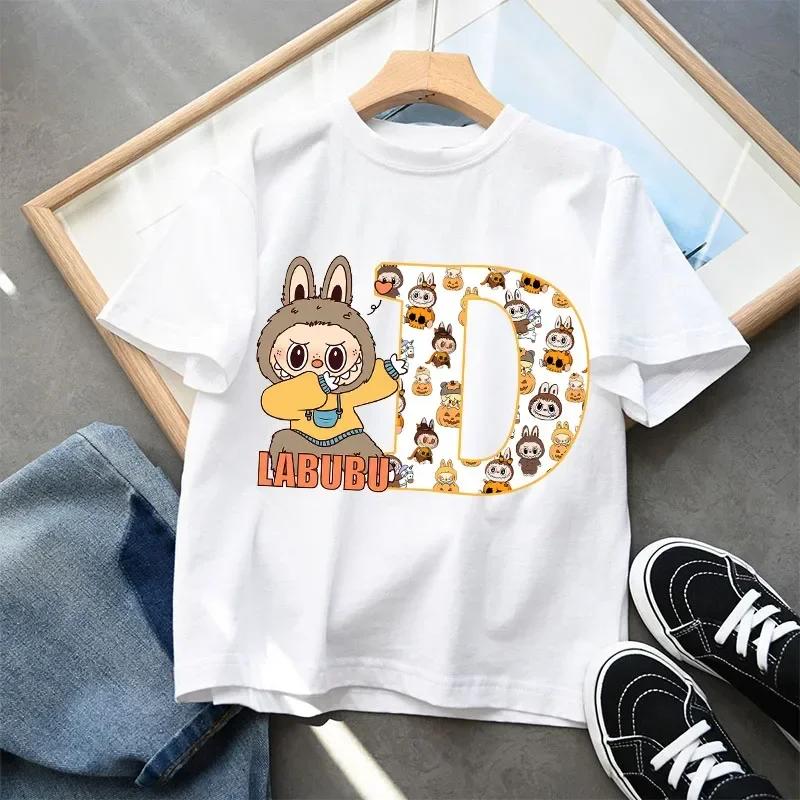 POP MART Labubu Kids Short Sleeve T-shirt Cartoon Anime 26 Letter Print Pullover Boys Girls Summer Casual Tops Loose Clothing 4