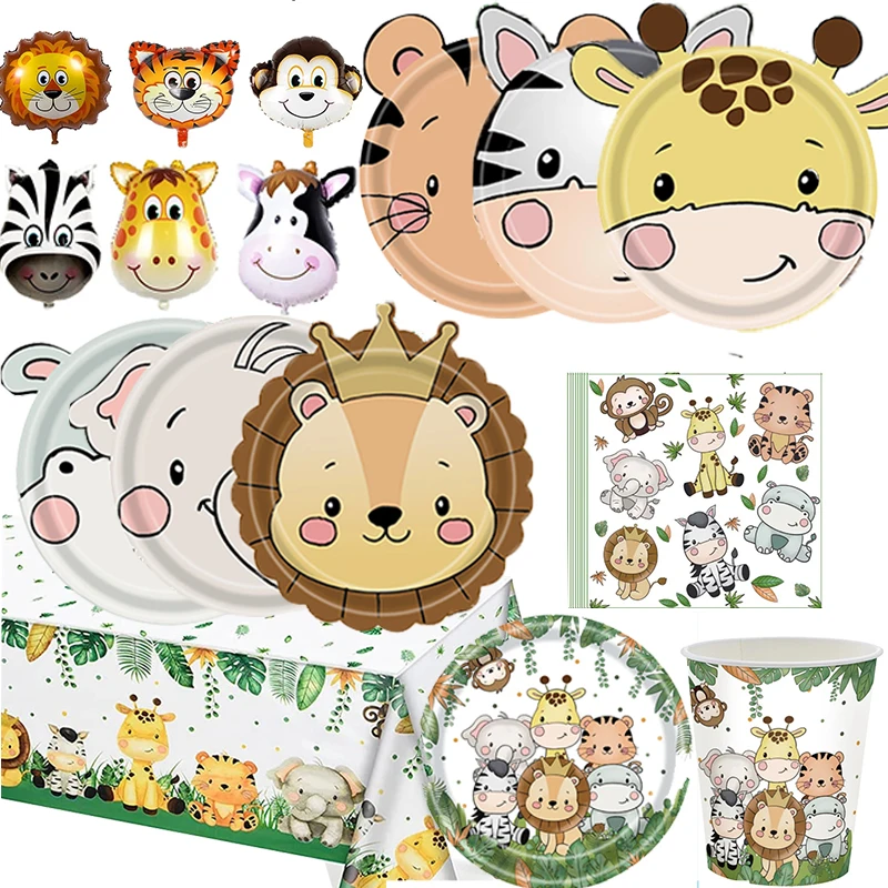 Jungle Animals Disposable Tableware Sets Tablecloth Cups Plate Kids Birthday Safari Party Decoration birthday tableware set birthday party supplies party supplies disposable tablecloth