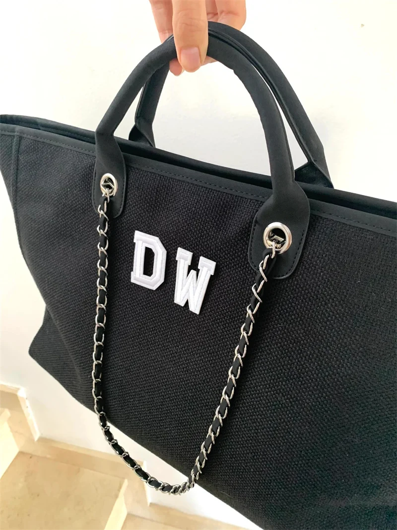 Large Luxury Personalised Monogram Tote Bag, Personalized Canvas Chain Beach Shopping Tote Bag, Personalized Weekend Hand Bag