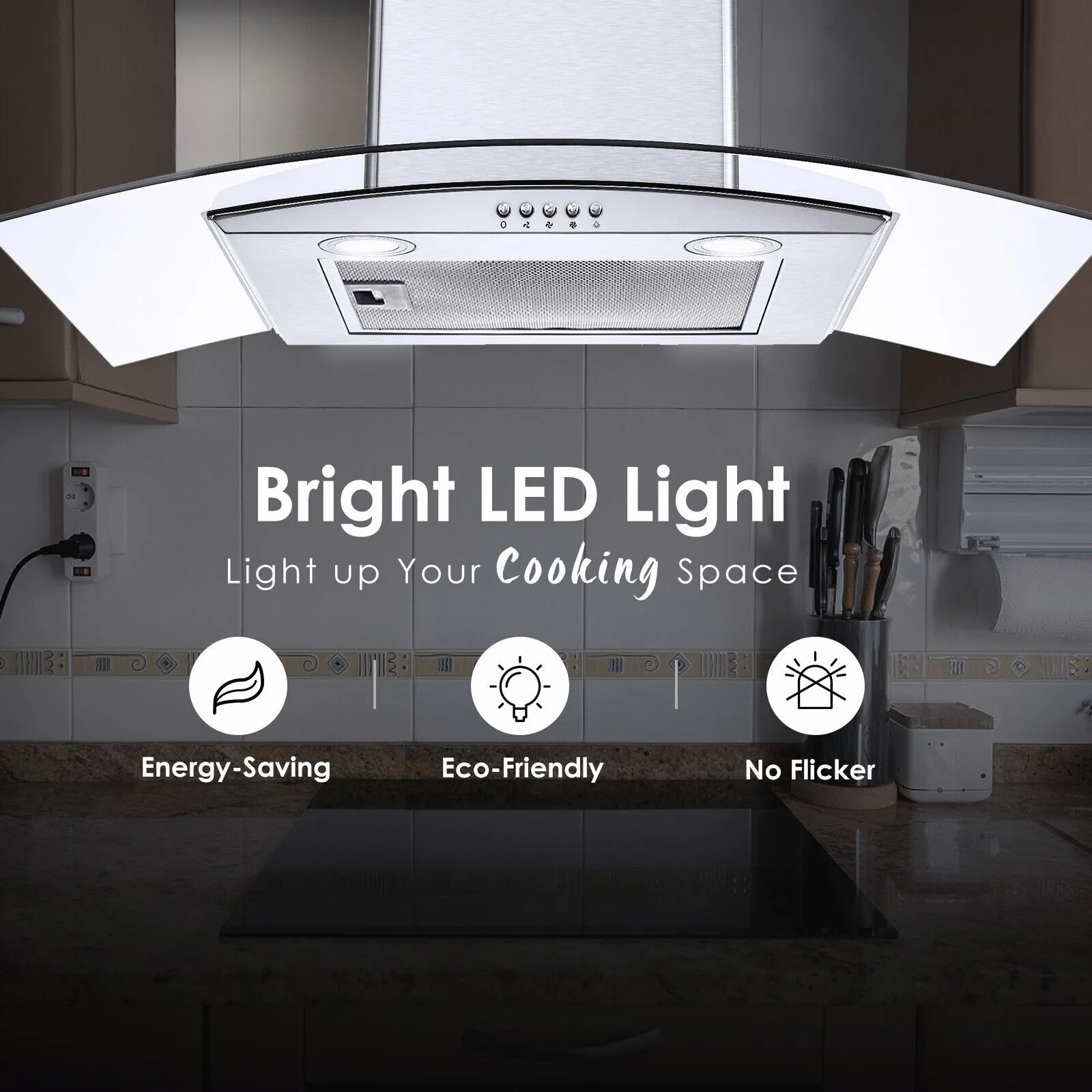 Tieasy 30 inch 450CFM Kitchen Wall Mount Tempered Glass Vented 3-Speed Fan Range Hood USGD3375A 5