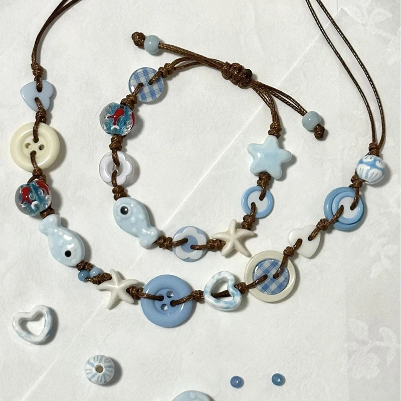 1pc Ceramic Boho Fish Star Beaded Woven Bracelets Temperament Holiday Style Jewelry Accessories