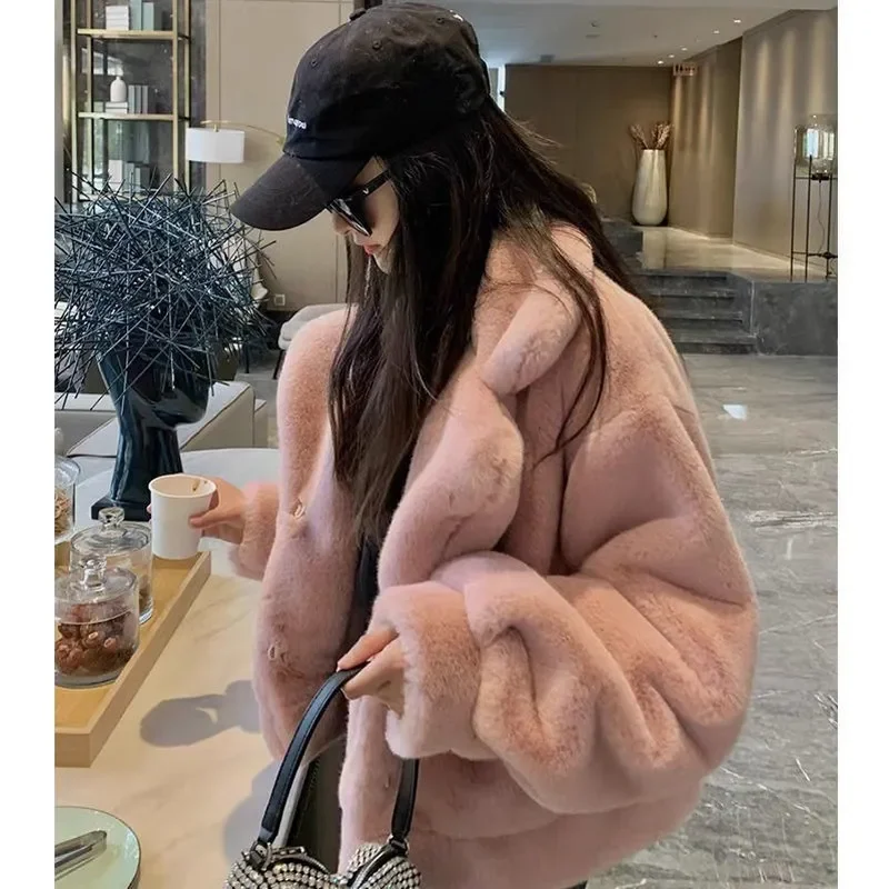 

Fur Coat Women 2023 Loose Casual Thick Warm Short Faux Fur Coats Women's Winter Ladies Rabbit Fur White Pink Jacket for Women
