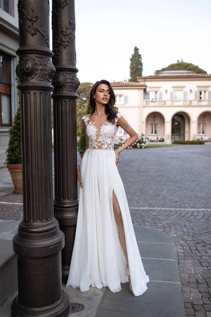 

2024 Sexy Beach Wedding Dress with High Slit Cap Sleeve Applique Bridal Gowns Chiffon Wedding Gowns vestidos de novia