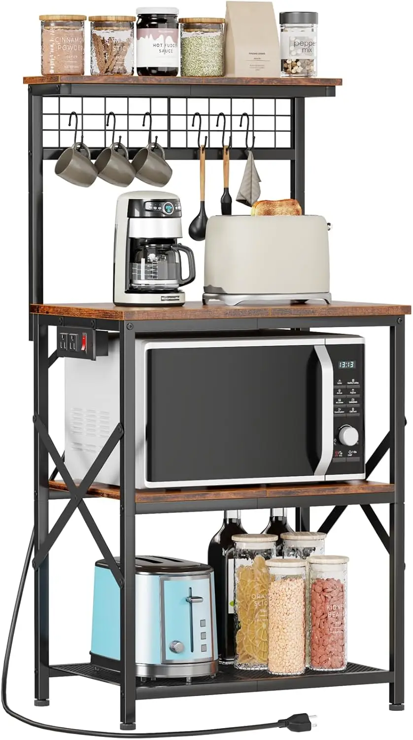 Kitchen Bakers Rack with Power Outlet and Storage