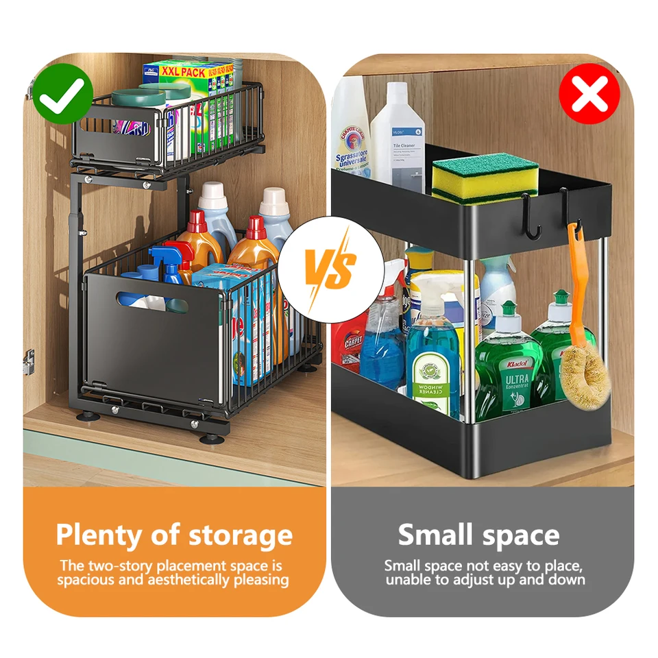 Fabater Organizer Estraibile A 2 Livelli Per Sotto Lavello E Cucina - Ripiano Scorrevole In Ferro Con Cassetti, Nero