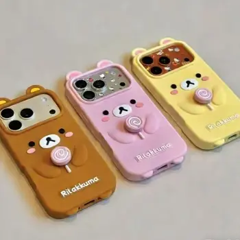 Cute 3D Rilakkuma Bear Spinning lollipop Phone Case For Xiaomi 17 Pro Max 15 14 Poco F7 F5 Pro Decompress Soft Silicone Cover 1