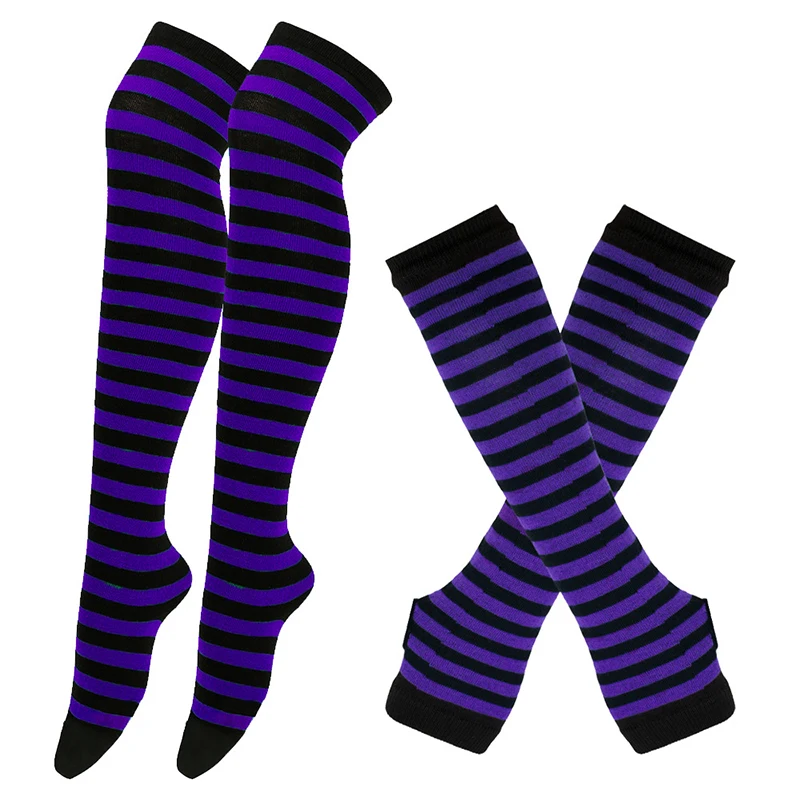 Chic Stripe Printed Thigh-High Cotton Socks and Arm Sleeve Set