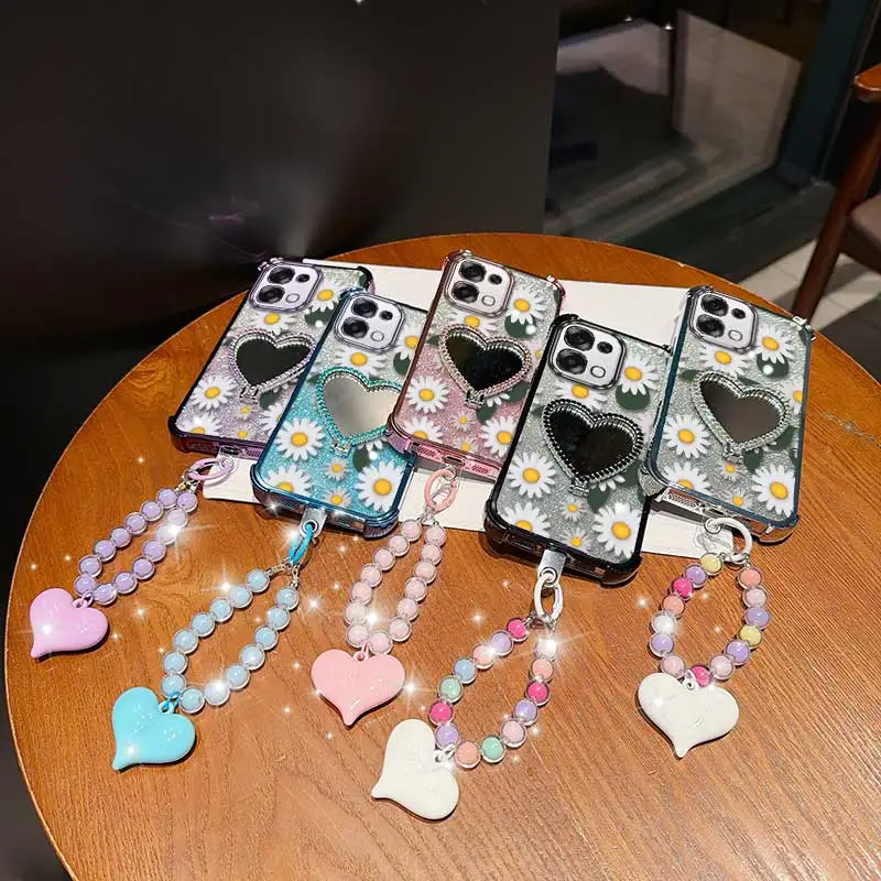 3-Piece White Daisy Phone Case Set with Lanyard and Circular Stand