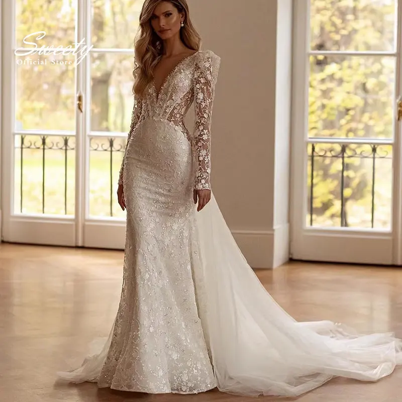 

Luxury Detachable 2 In 1 Wedding Dress Embroidered Lace On Net With Train O-neck Sleeveless Vintage Bride Gowns Vestido De Novia